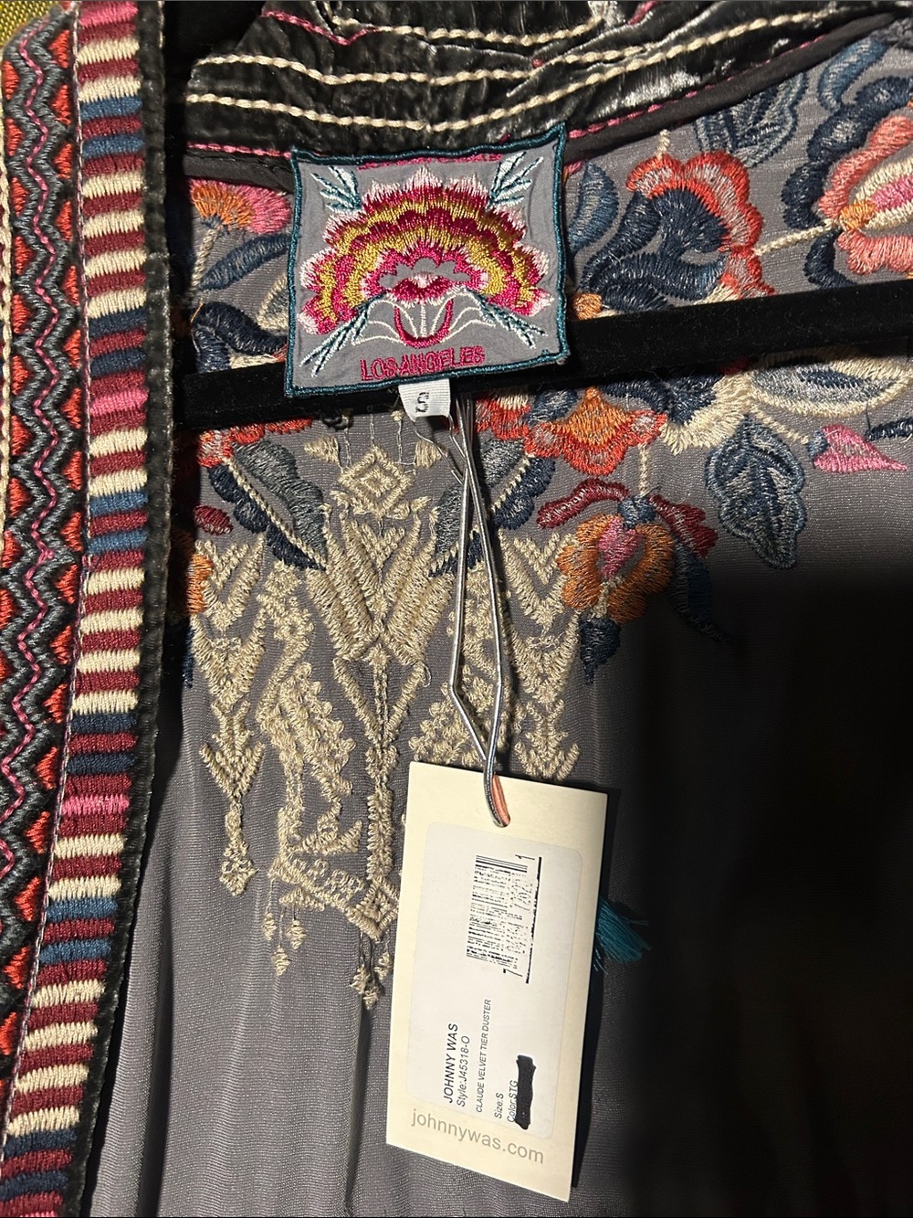 Johnny Was Charcoal Velvet Embroidered Kimono Duster - Picture 2 of 3